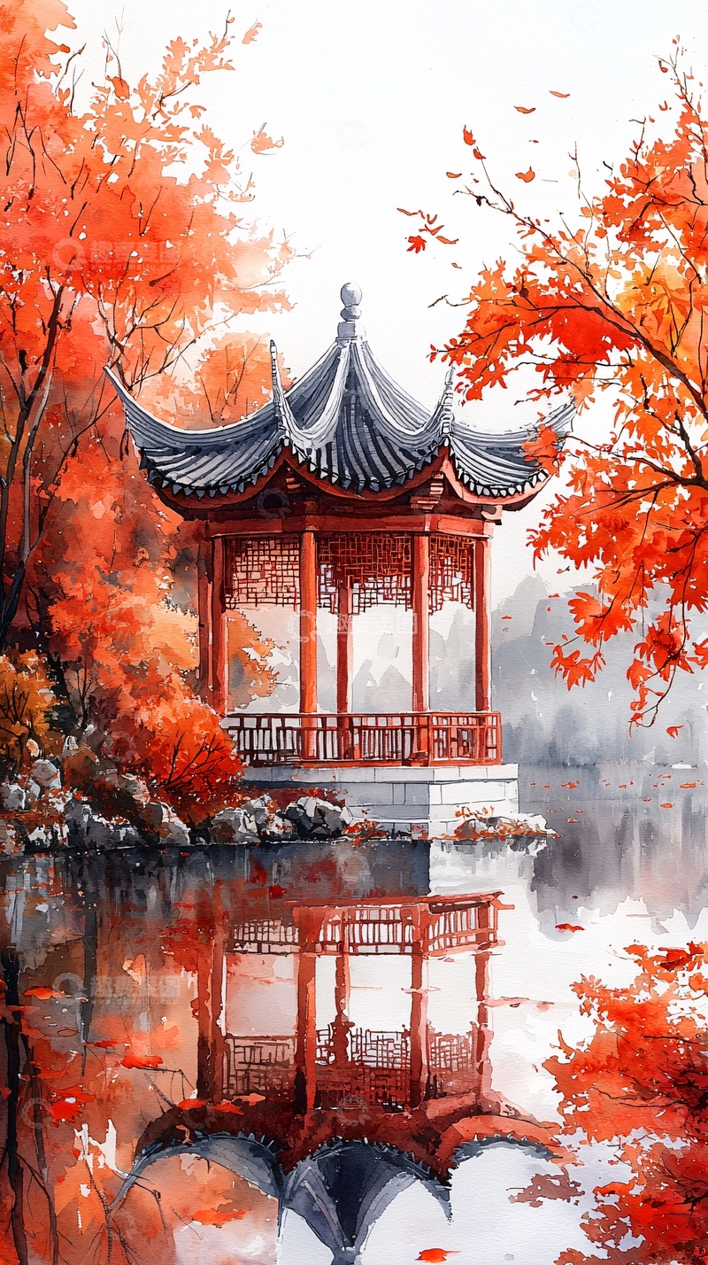 高清大图下载【趣麦麦图】秋日红枫中式凉亭倒影