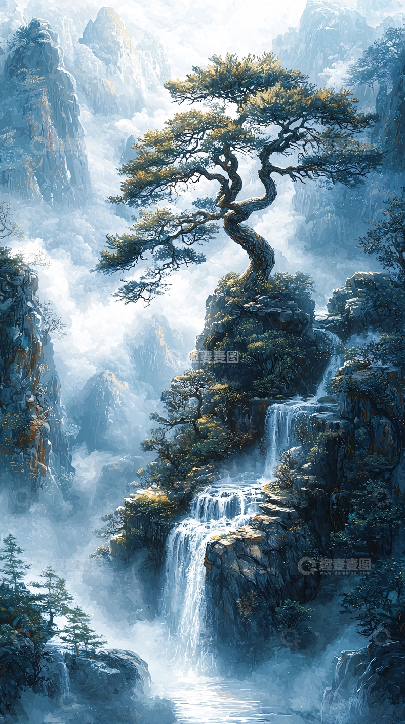 高清大图下载【趣麦麦图】山间瀑布苍劲松树美景