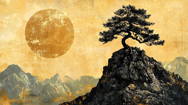 高清大图下载【趣麦麦图】山顶孤树圆月