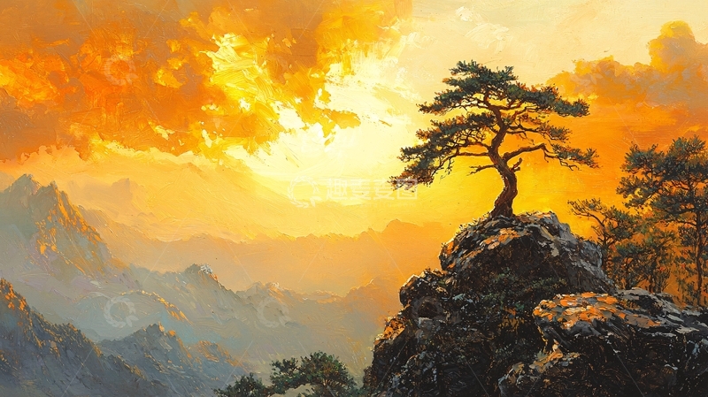 高清大图下载【趣麦麦图】落日余晖下的孤松