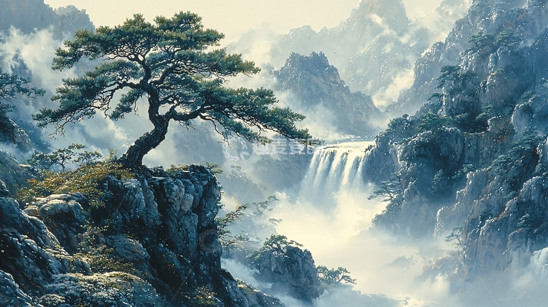 高清大图下载【趣麦麦图】山崖边孤傲松树瀑布