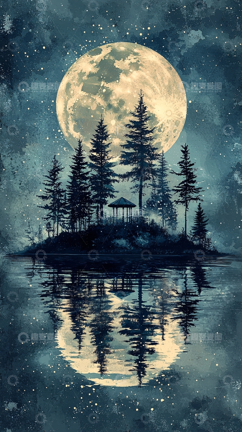 高清大图下载【趣麦麦图】夜空明月下的宁静小岛