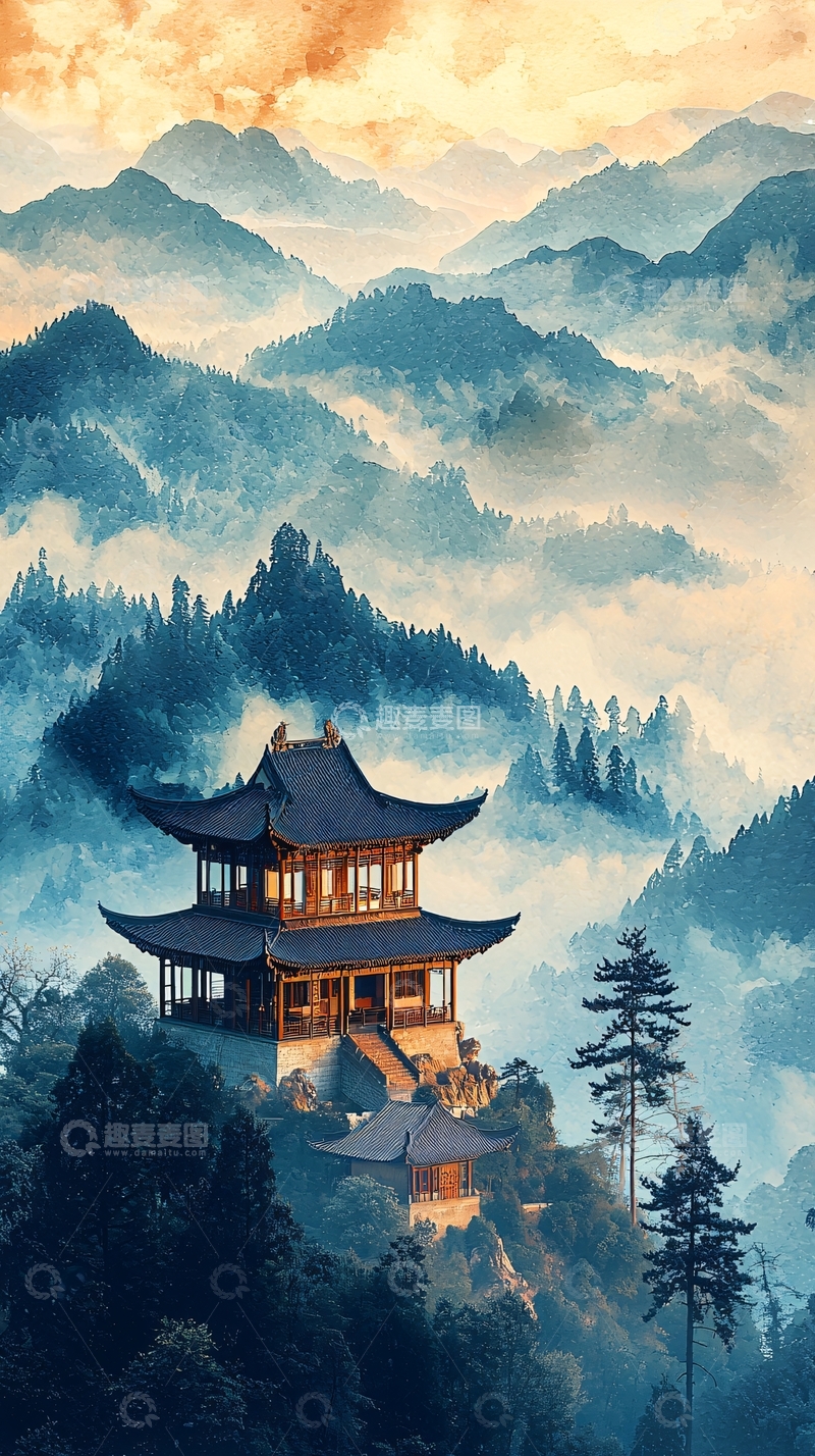高清大图下载【趣麦麦图】中国风山水楼阁意境唯美