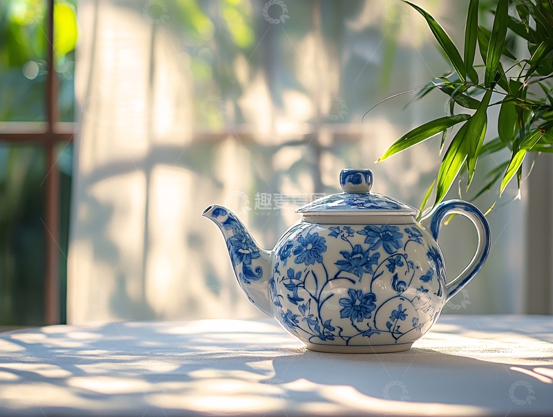 高清大图下载【趣麦麦图】窗边阳光下的青花瓷茶壶