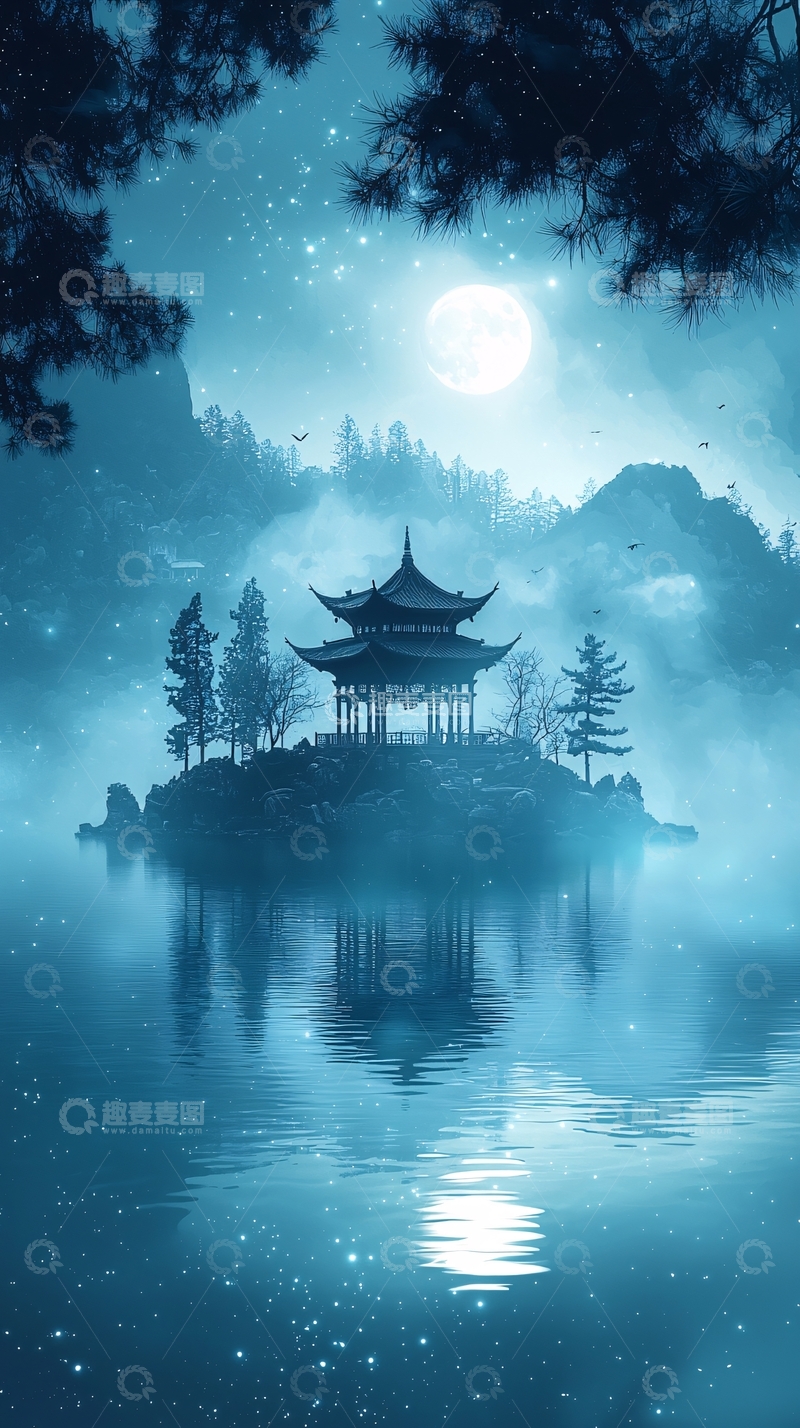 高清大图下载【趣麦麦图】水面上倒影着月亮的亭台楼阁