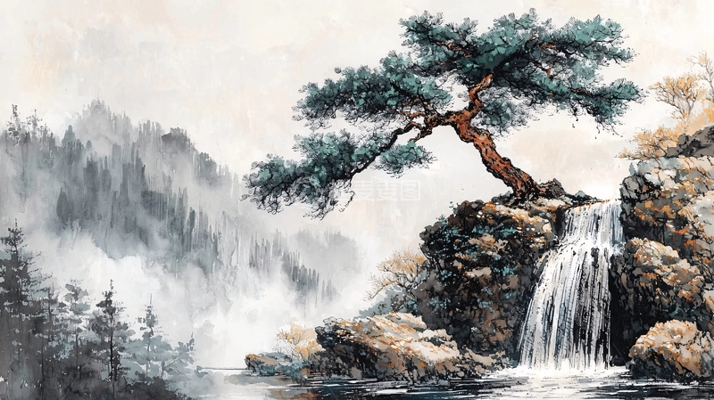 高清大图下载【趣麦麦图】山水瀑布古松的意境