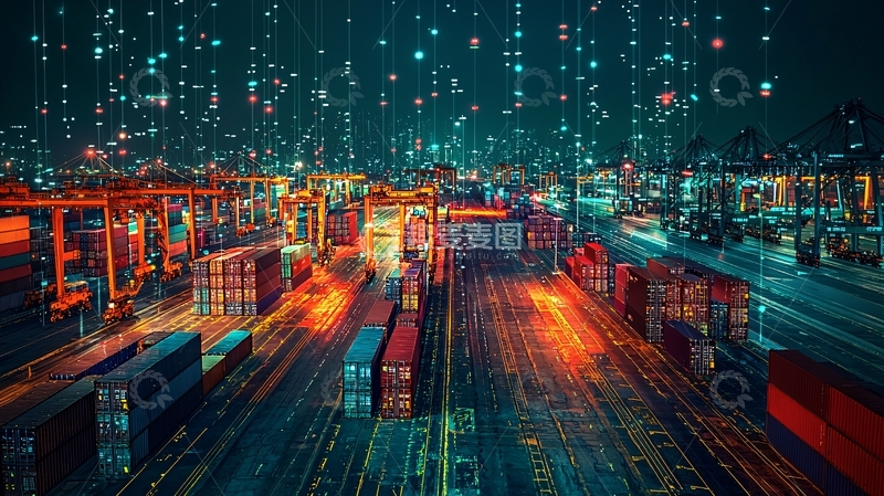高清大图下载【趣麦麦图】夜晚繁忙港口集装箱码头