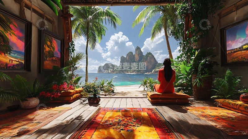 高清大图下载【趣麦麦图】热带海滩小屋风景