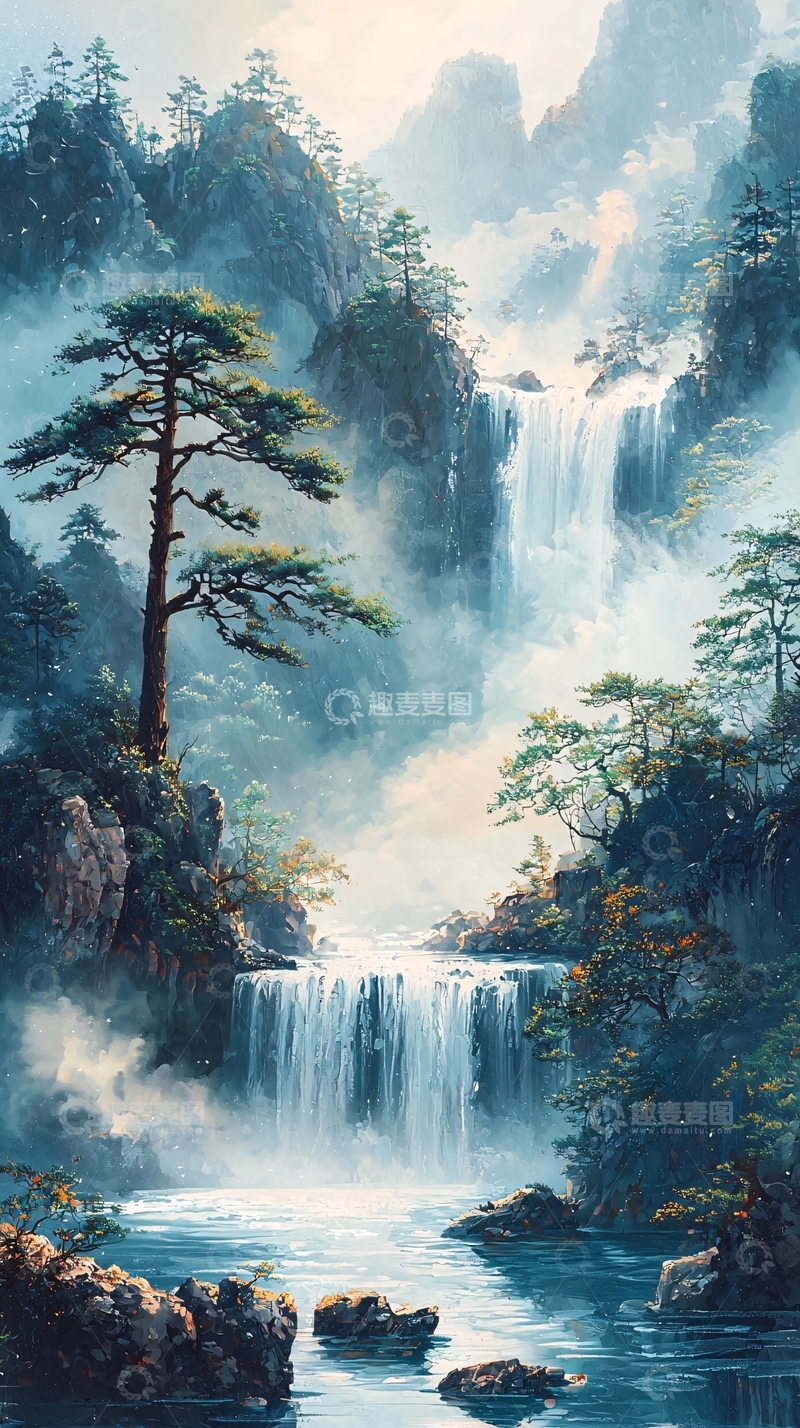 高清大图下载【趣麦麦图】壮丽瀑布山水画风