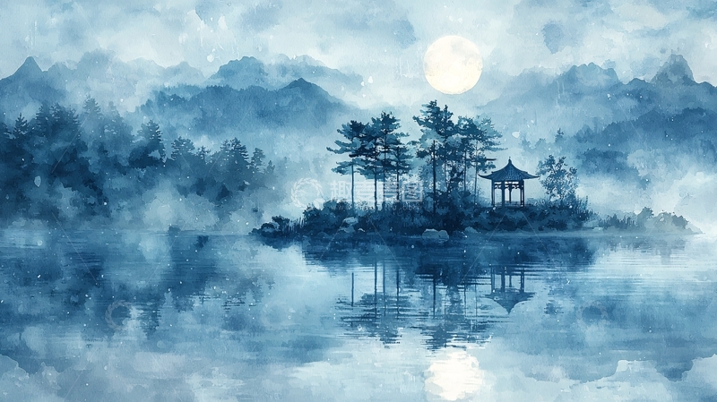 高清大图下载【趣麦麦图】水墨风山水月亮岛亭