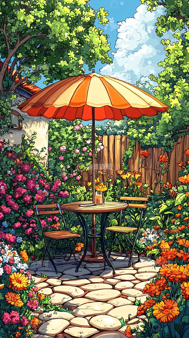 高清大图下载【趣麦麦图】花园中的桌椅与遮阳伞
