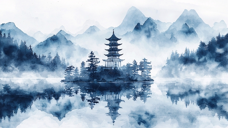 高清大图下载【趣麦麦图】水墨山水间的亭台楼阁