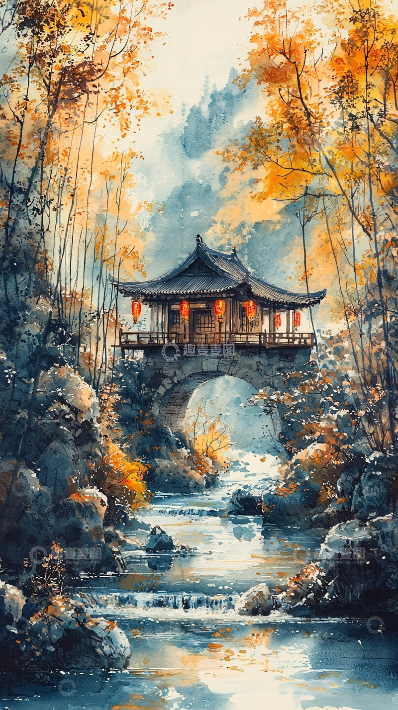 高清大图下载【趣麦麦图】秋日山林古桥凉亭