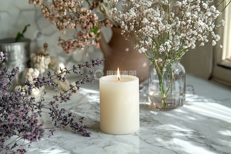 高清大图下载【趣麦麦图】燃烧的蜡烛与鲜花