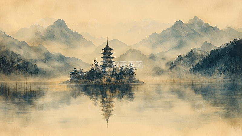 高清大图下载【趣麦麦图】水面塔影山色朦胧