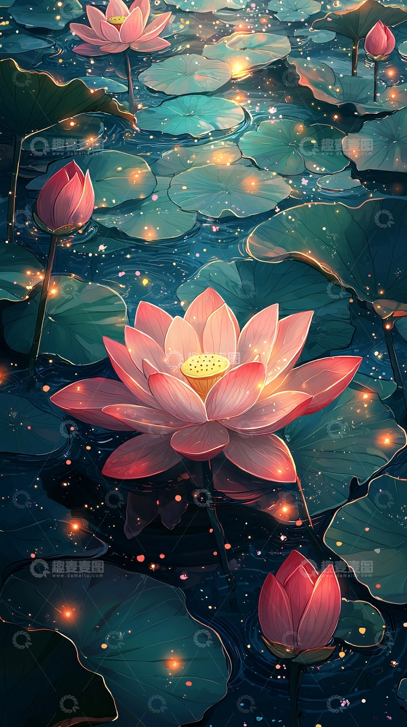 高清大图下载【趣麦麦图】粉色荷花池塘梦幻光点