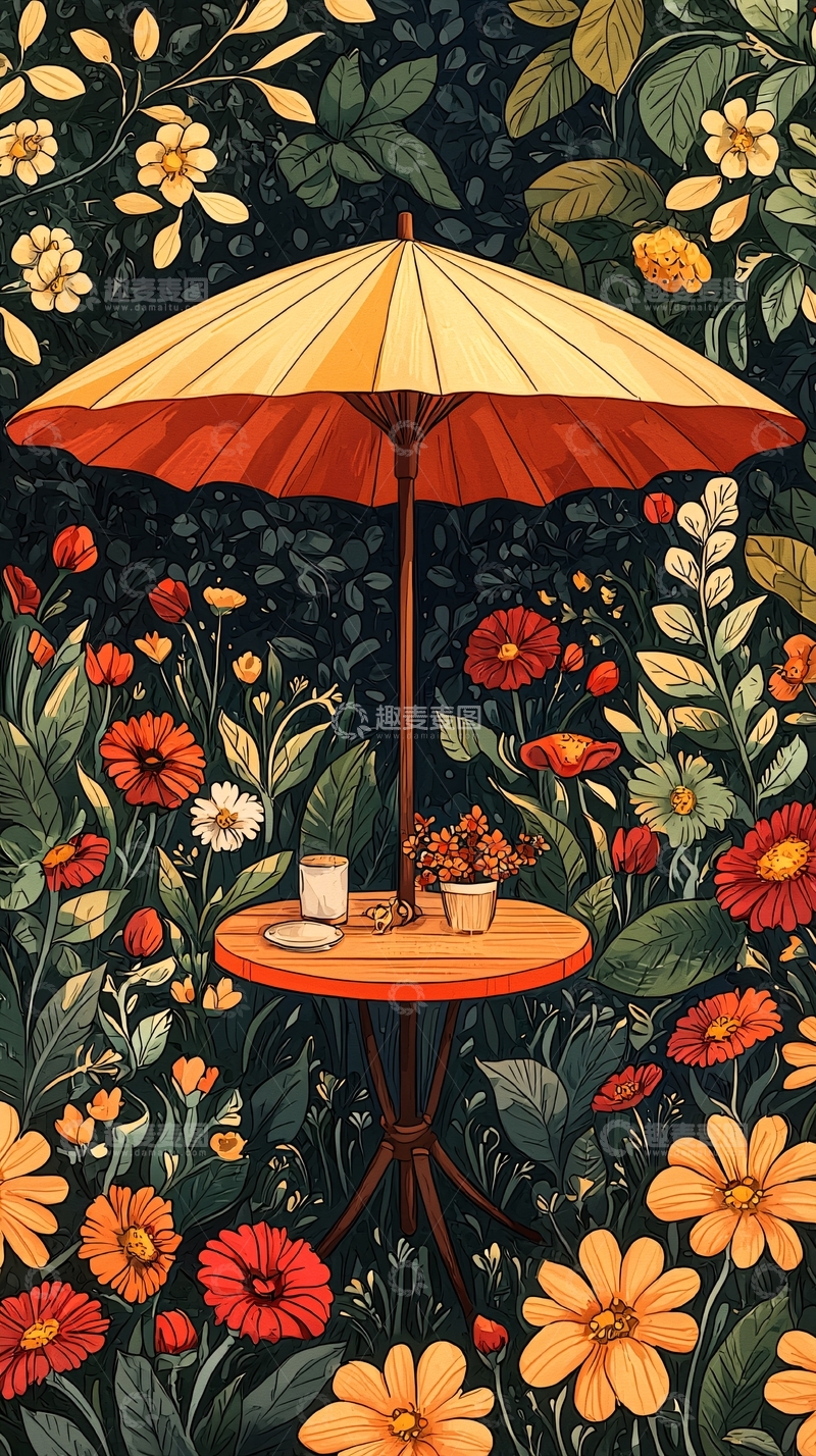 高清大图下载【趣麦麦图】花园伞下桌椅花卉