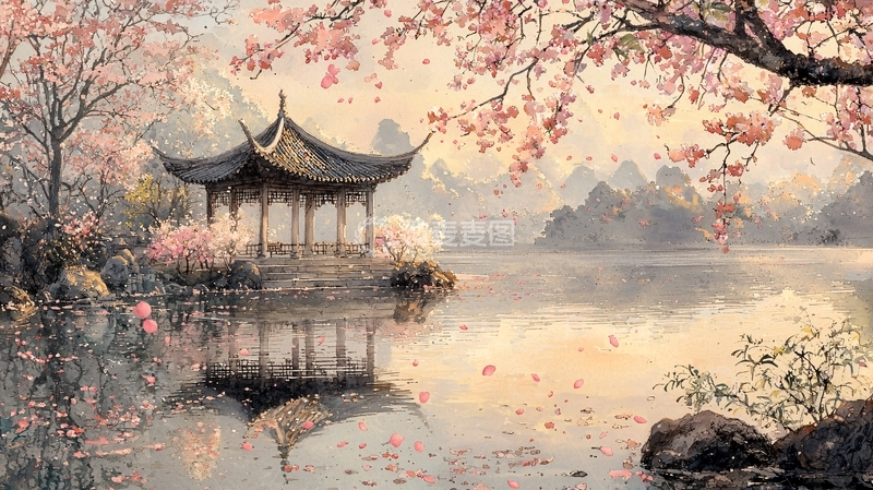 高清大图下载【趣麦麦图】中国风亭台楼阁湖面樱花
