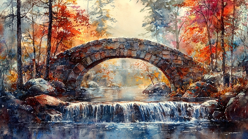 高清大图下载【趣麦麦图】秋日森林石桥流水