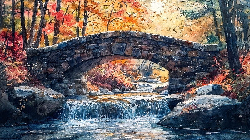 高清大图下载【趣麦麦图】秋日石桥流水潺潺