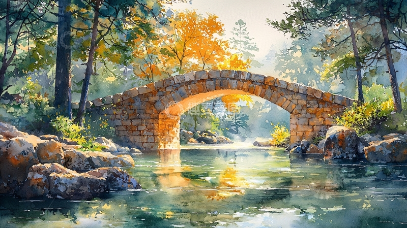 高清大图下载【趣麦麦图】阳光下石桥流水景色