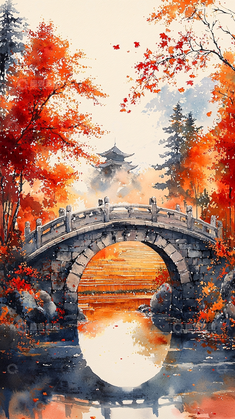 高清大图下载【趣麦麦图】秋日红叶古桥风景画