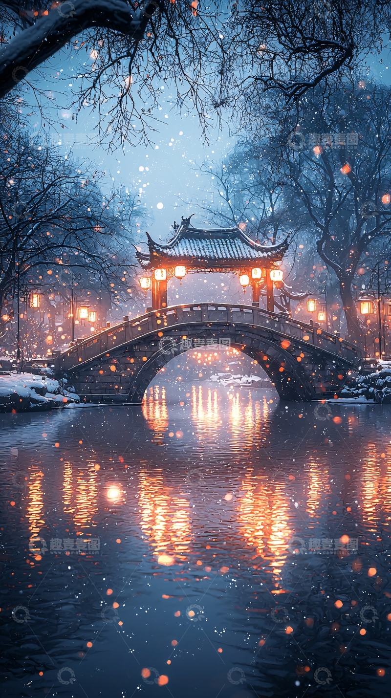 高清大图下载【趣麦麦图】雪夜下的中式石桥