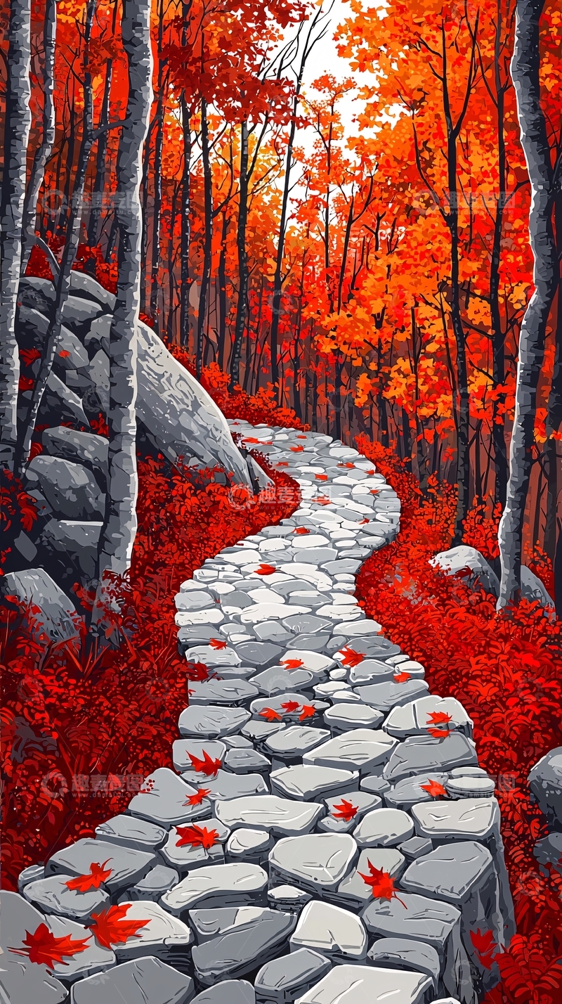 高清大图下载【趣麦麦图】秋日红叶石子路