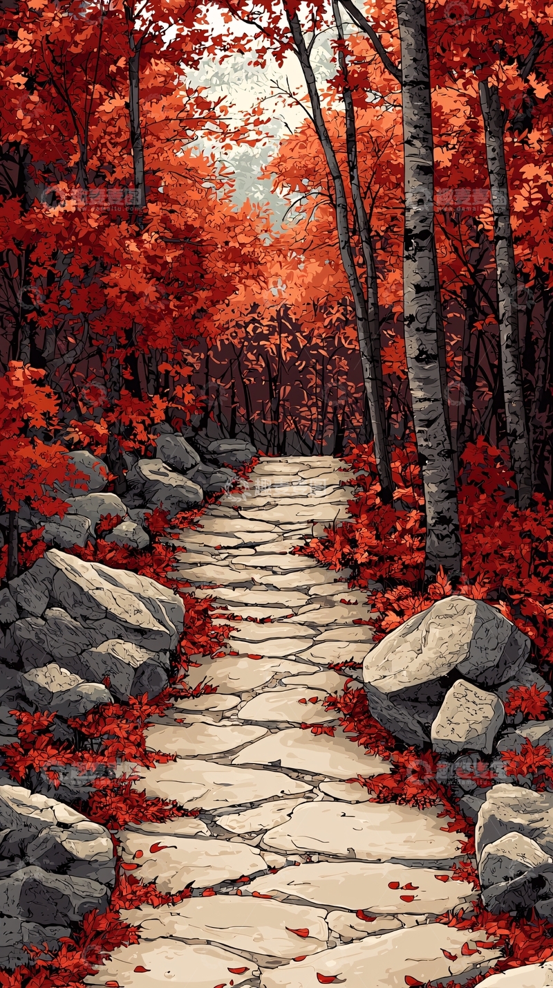 高清大图下载【趣麦麦图】秋季红叶小路美景