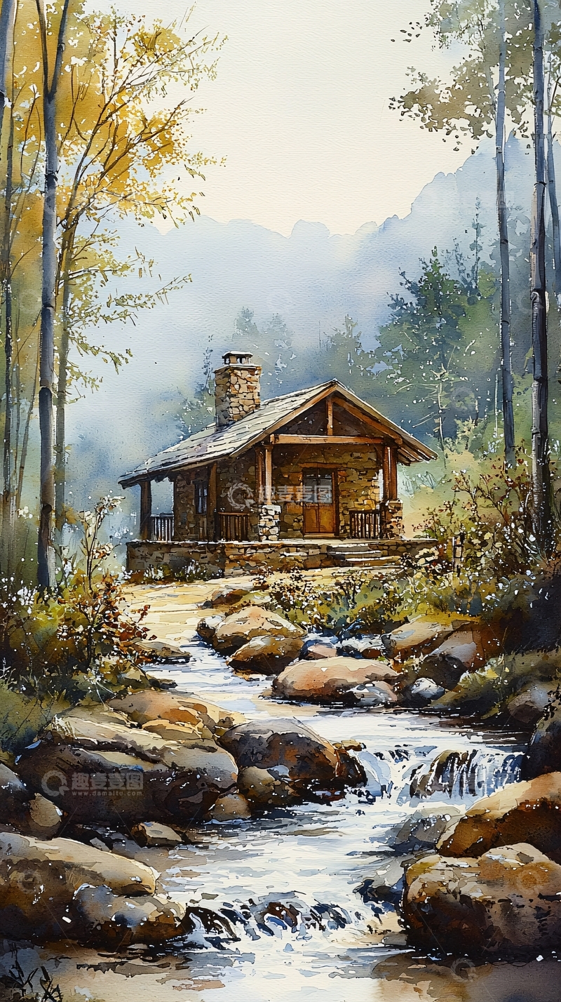 高清大图下载【趣麦麦图】林间小屋水彩画