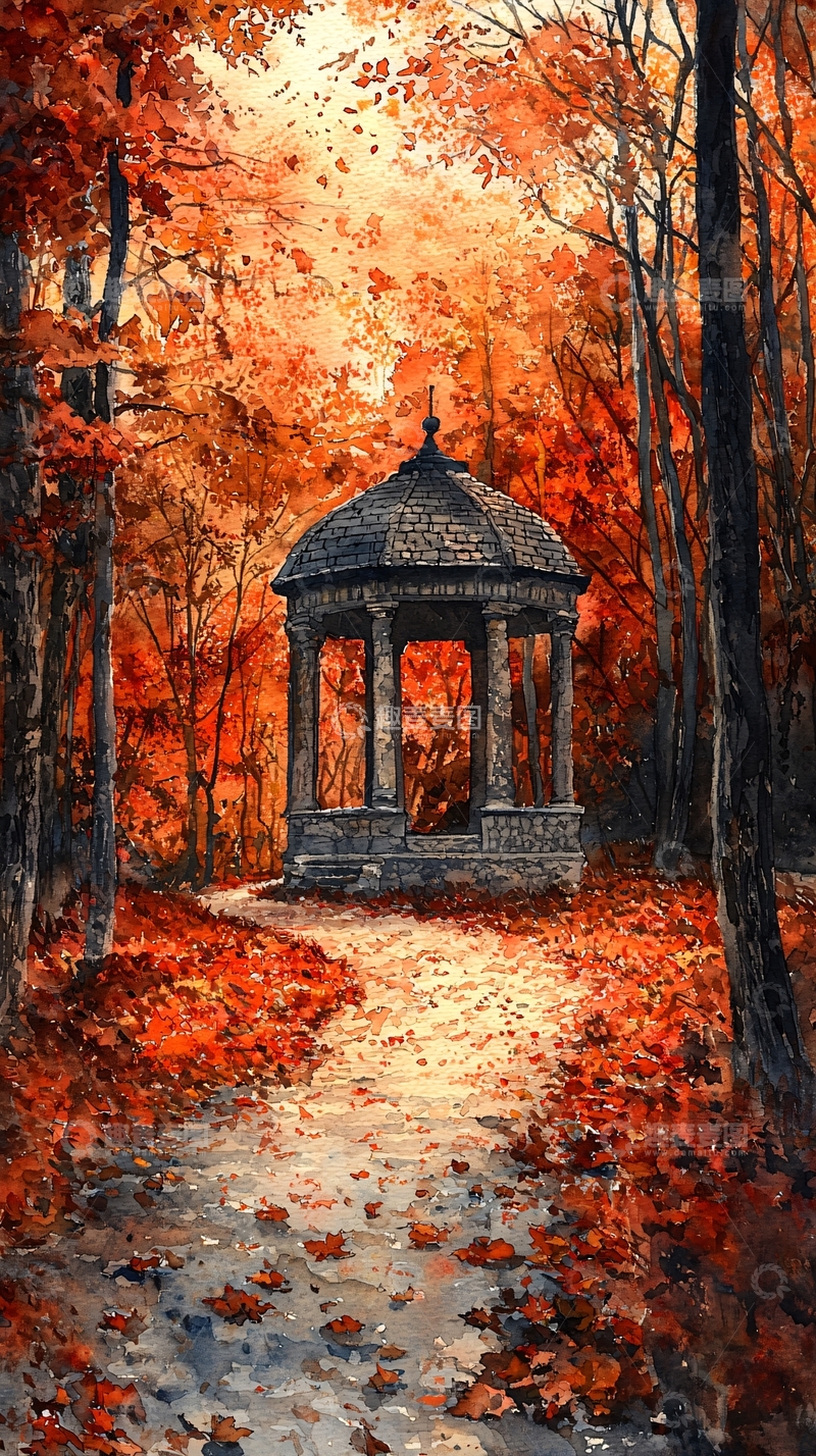 高清大图下载【趣麦麦图】秋日红叶林中小亭