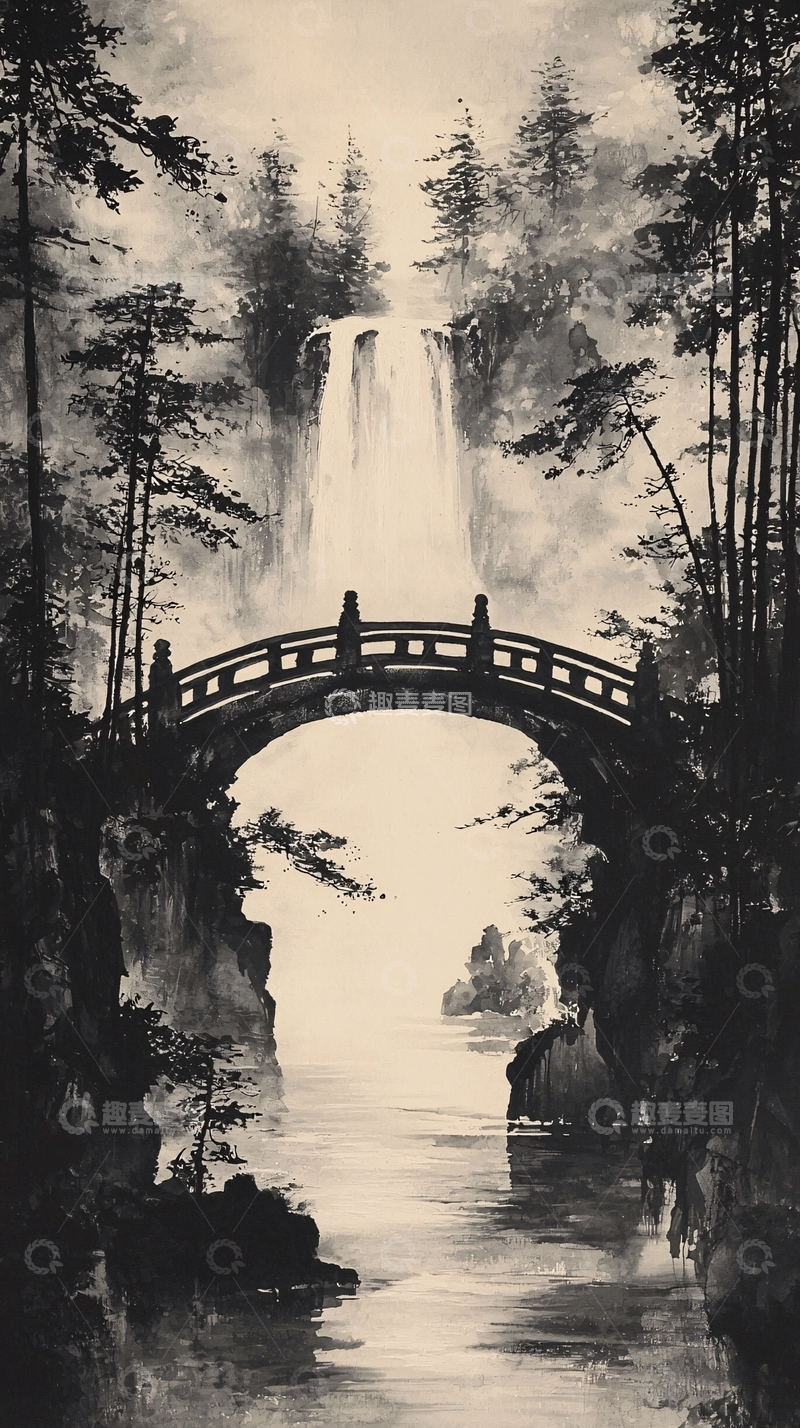 高清大图下载【趣麦麦图】山水画意境桥瀑布森林