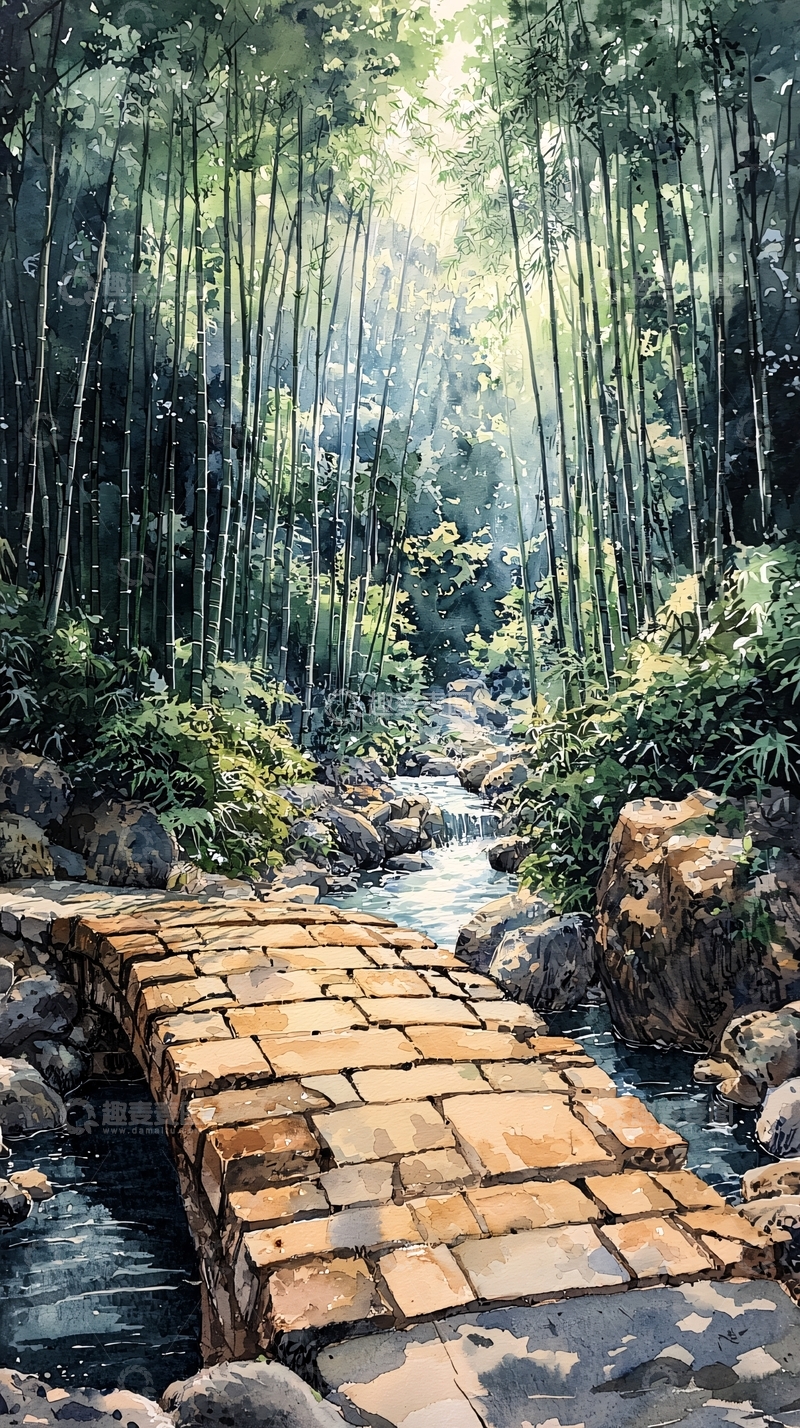 高清大图下载【趣麦麦图】竹林小溪石桥