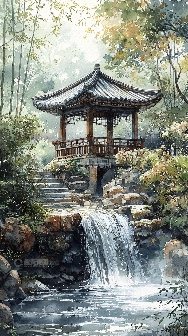 高清大图下载【趣麦麦图】中国风亭台瀑布水墨画