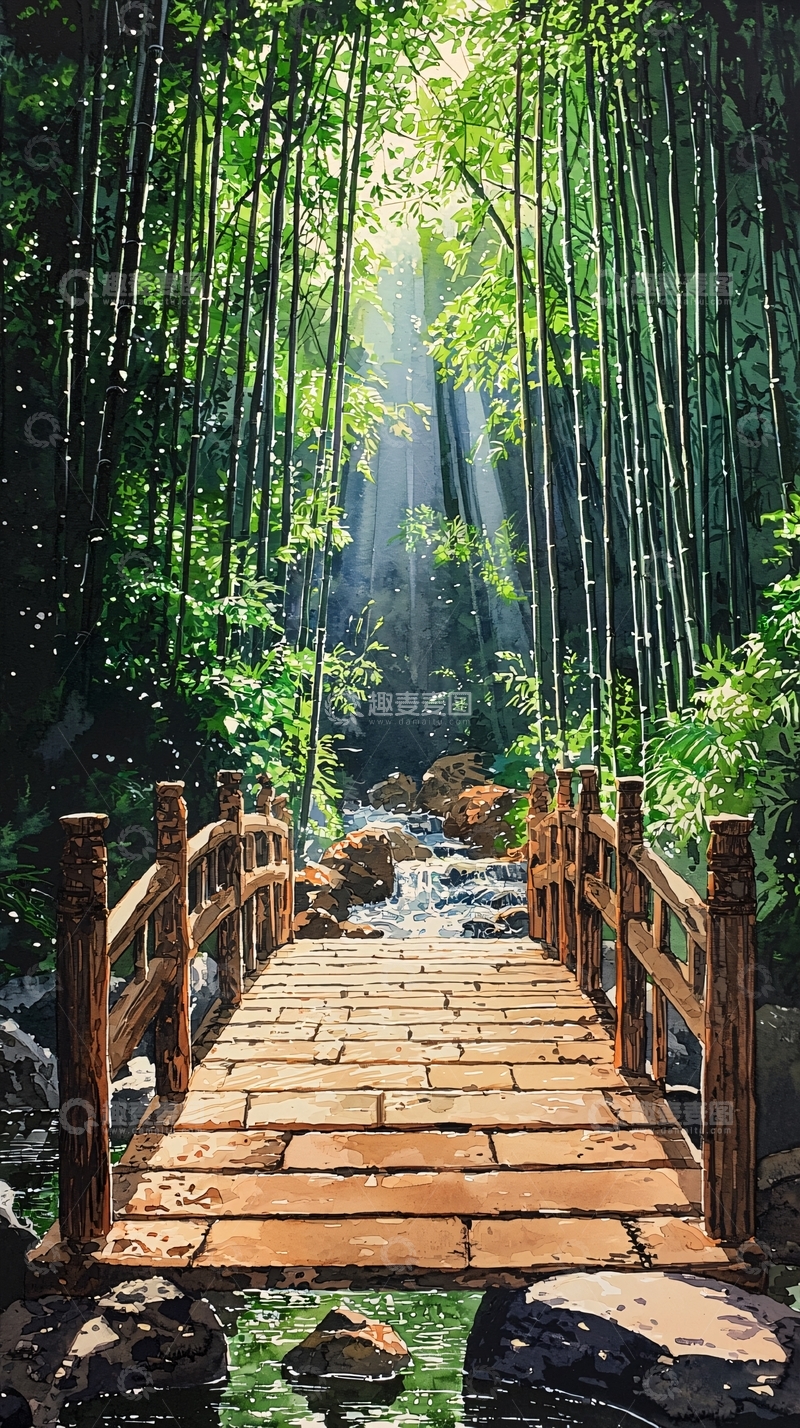 高清大图下载【趣麦麦图】竹林小桥流水