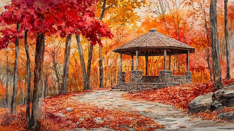 高清大图下载【趣麦麦图】秋日森林小亭