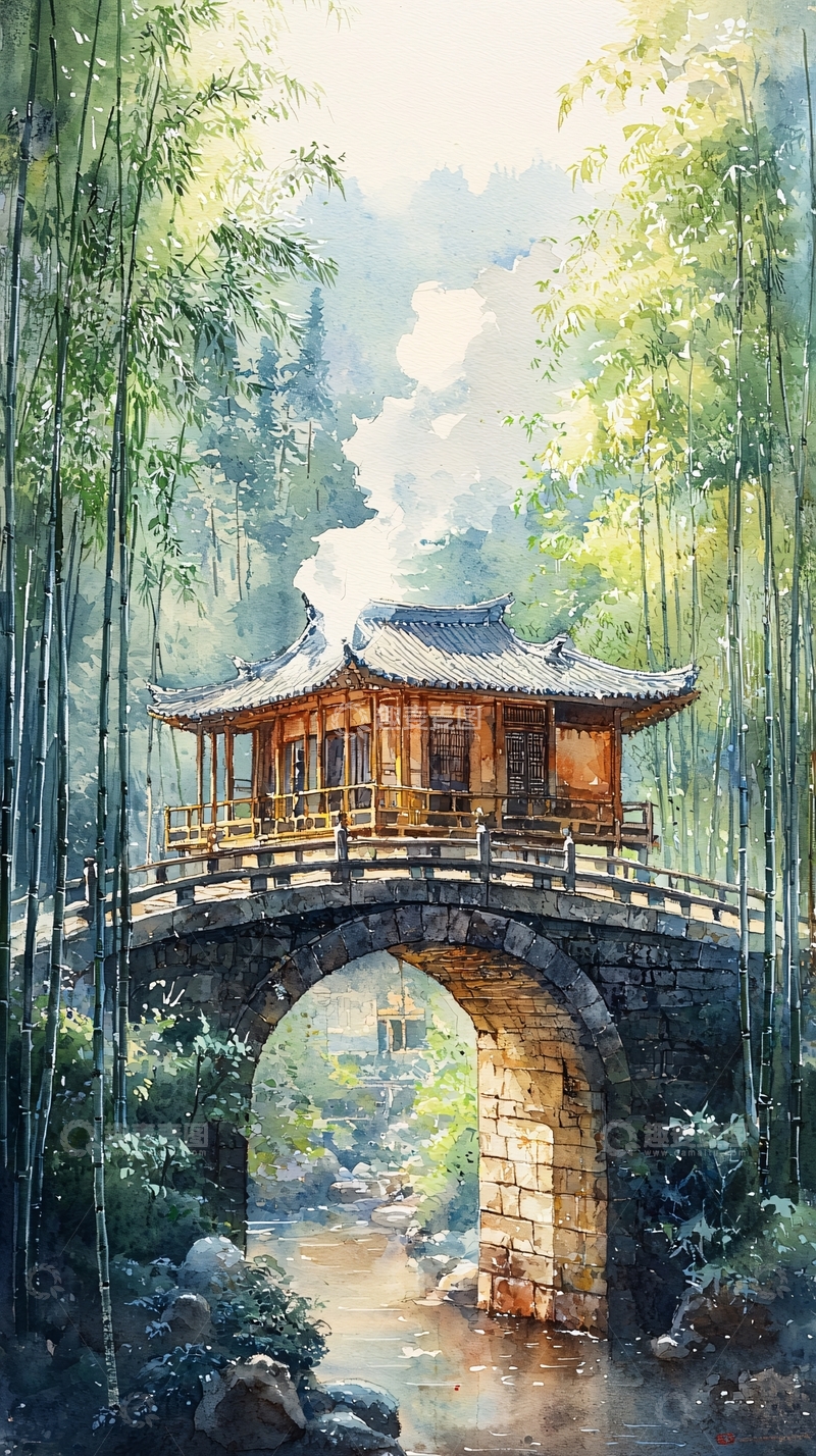 高清大图下载【趣麦麦图】桥上竹林环绕的亭子