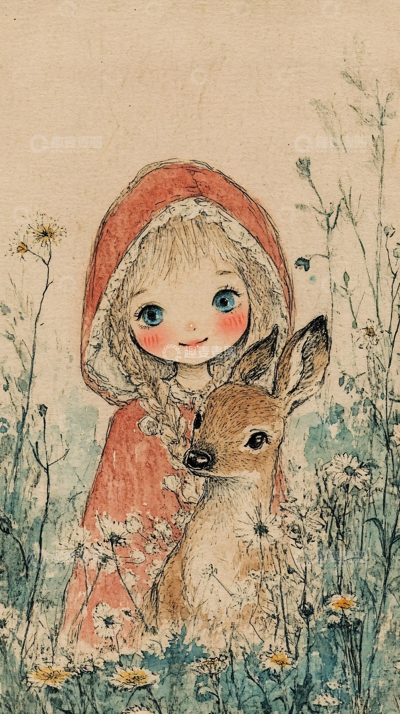 高清大图下载【趣麦麦图】红帽女孩和小鹿