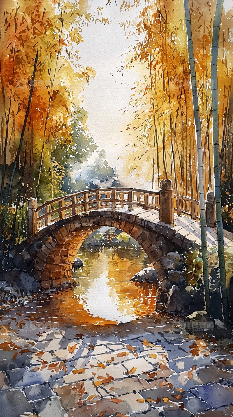 高清大图下载【趣麦麦图】秋日竹林小桥流水