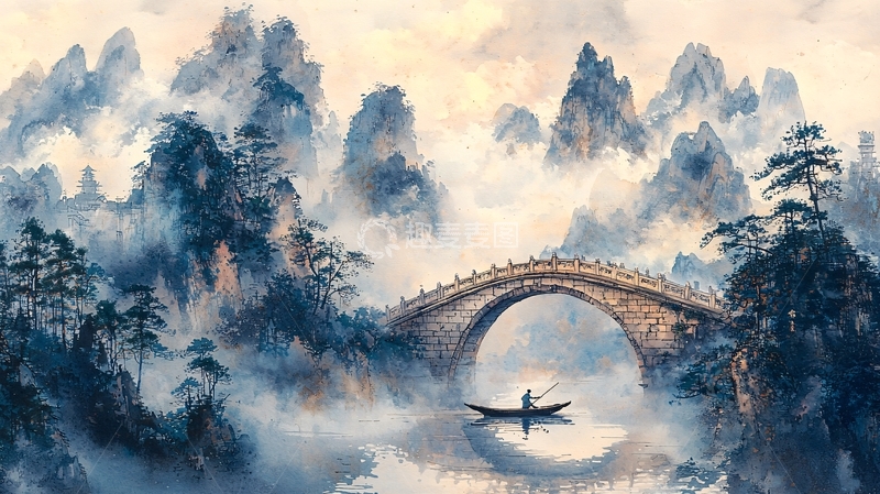 高清大图下载【趣麦麦图】水墨山水画风小船