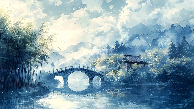 高清大图下载【趣麦麦图】水墨风山水桥梁房屋