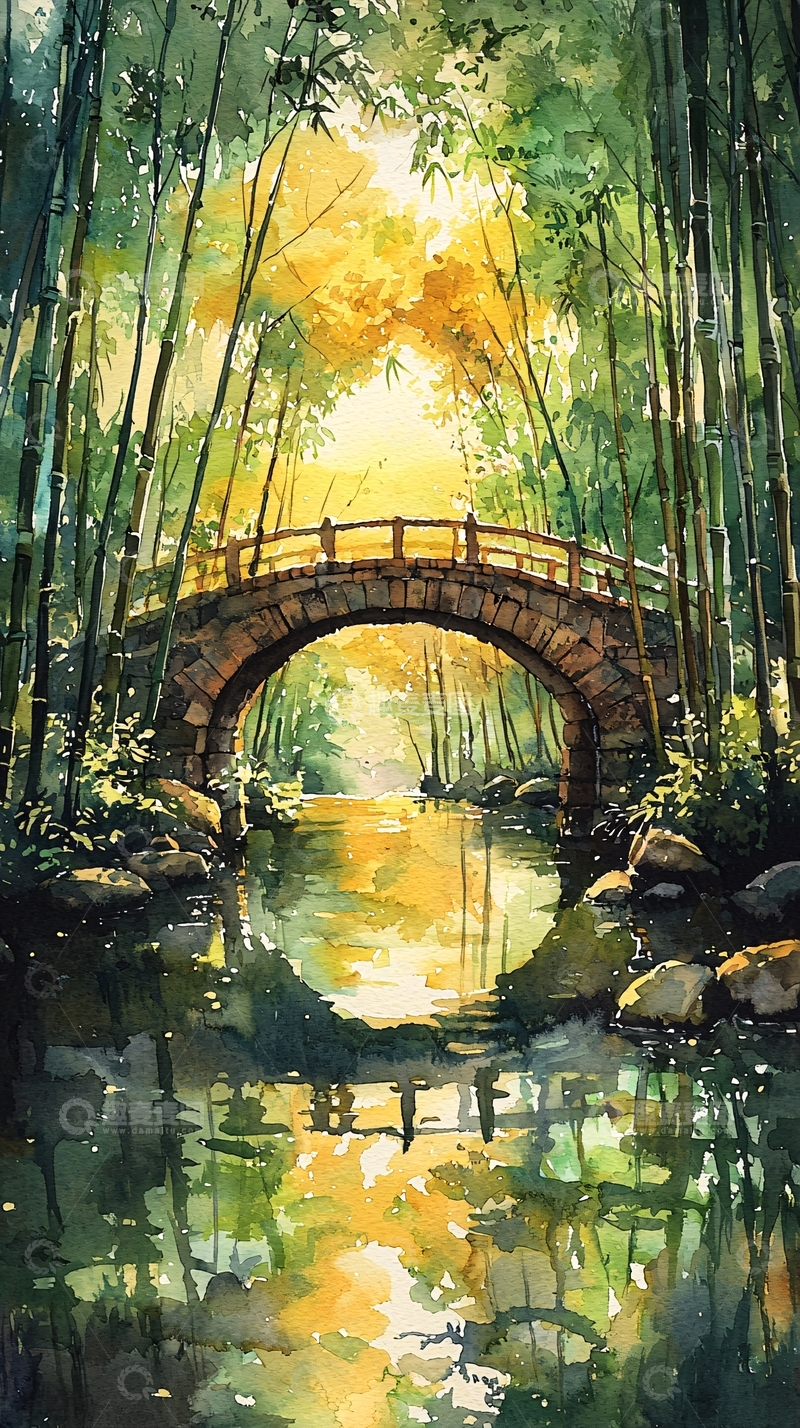 高清大图下载【趣麦麦图】竹林小桥流水