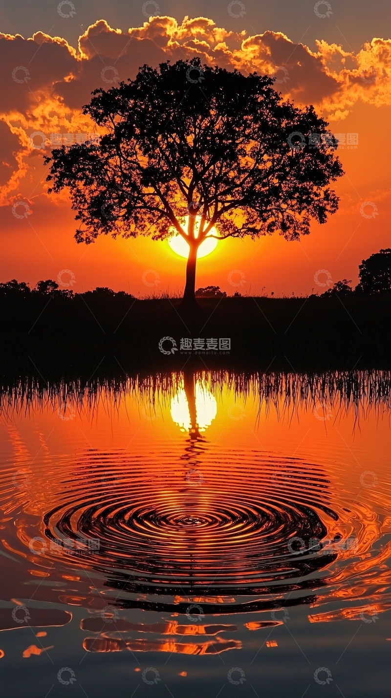 高清大图下载【趣麦麦图】日落剪影树木倒影