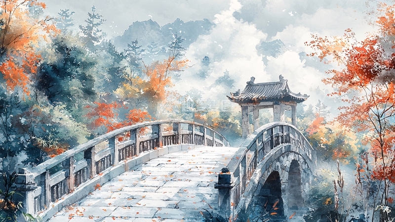 高清大图下载【趣麦麦图】古风山水桥亭子秋色水墨画