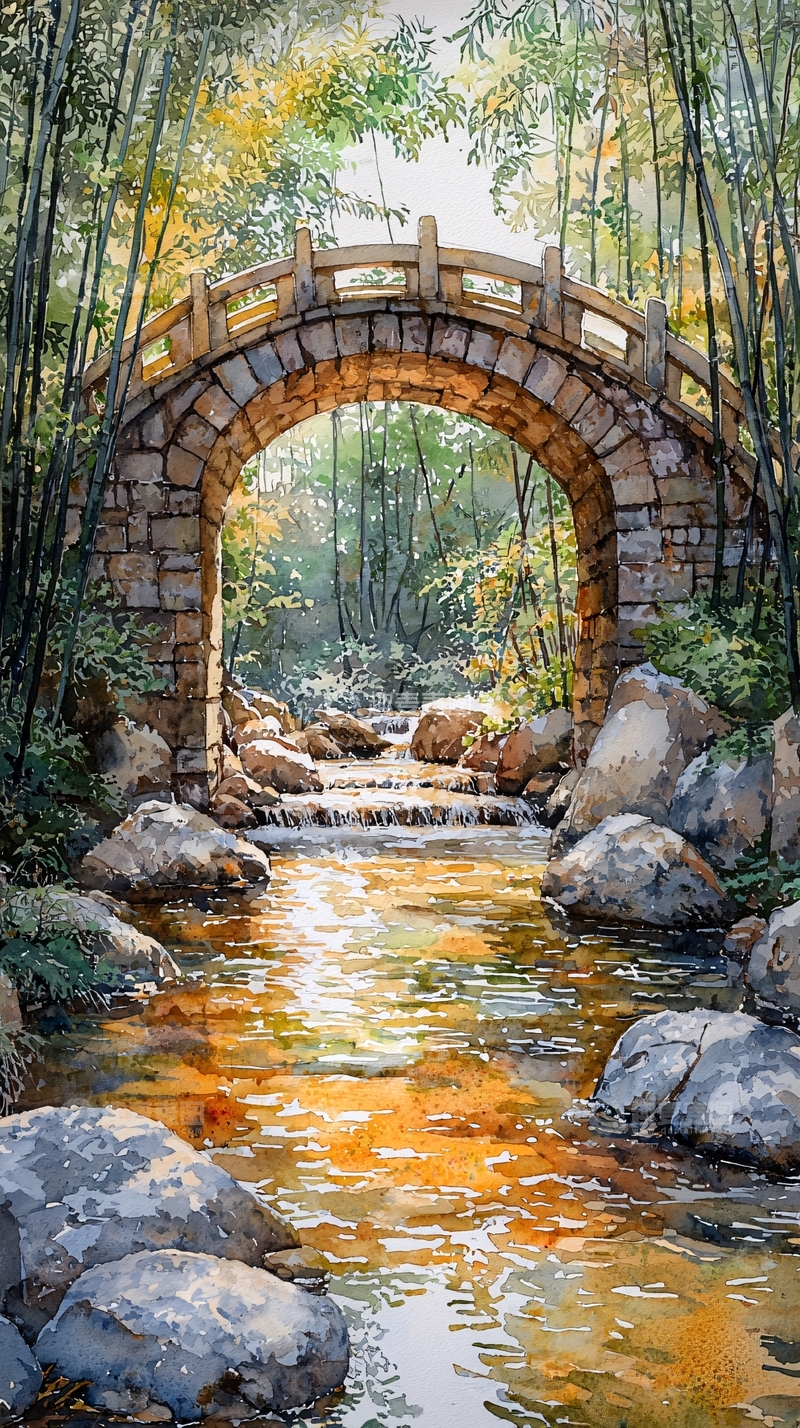 高清大图下载【趣麦麦图】水彩石桥竹林美景