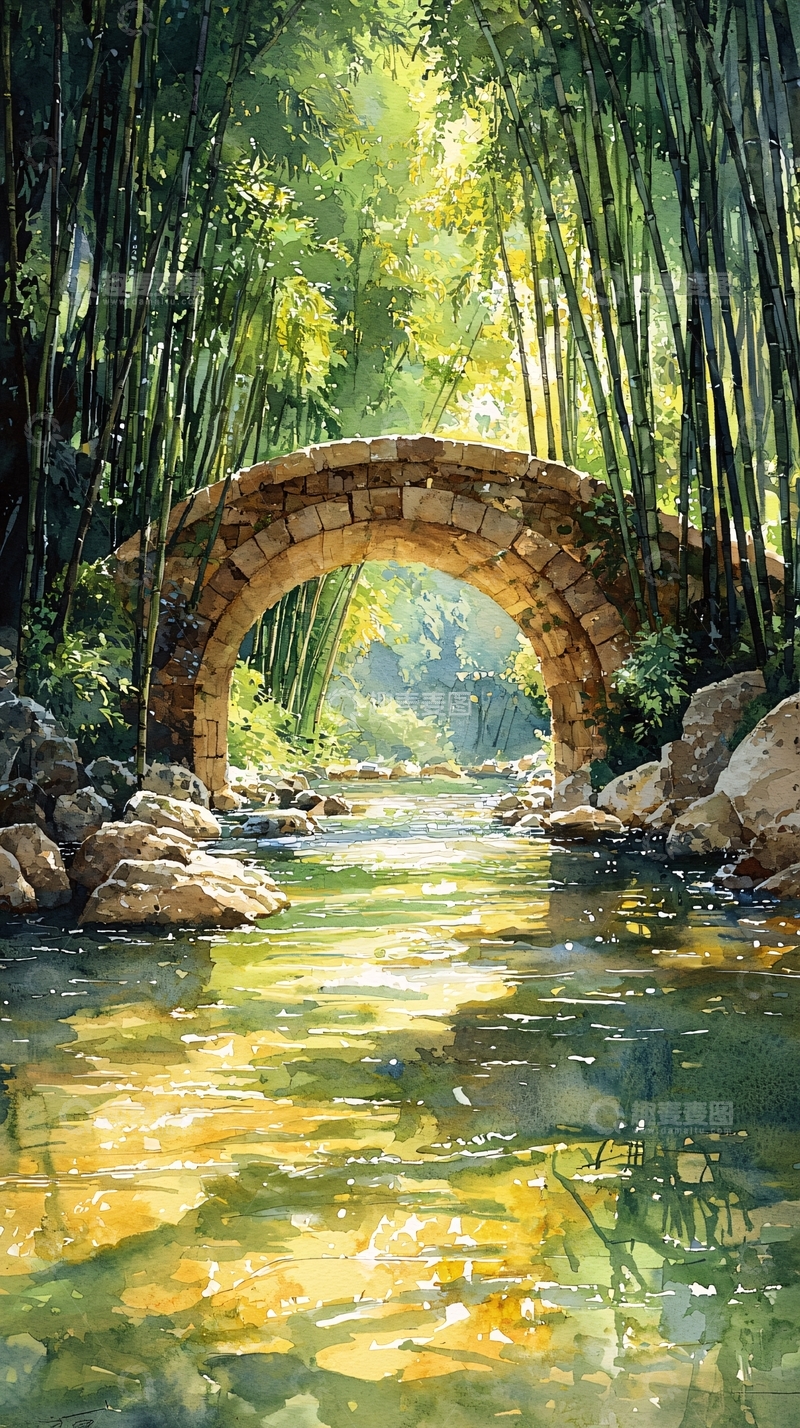 高清大图下载【趣麦麦图】水彩风格的石桥竹林美景