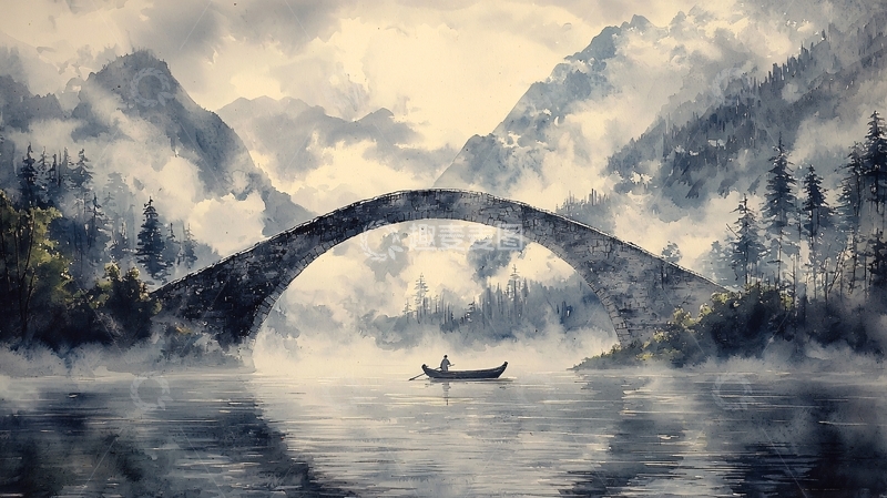 高清大图下载【趣麦麦图】雾中石桥上的小船