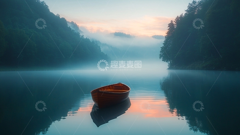 高清大图下载【趣麦麦图】雾气笼罩下的静谧湖泊