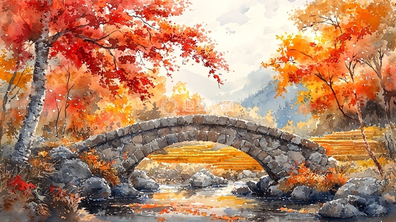 高清大图下载【趣麦麦图】秋日石桥流水如画