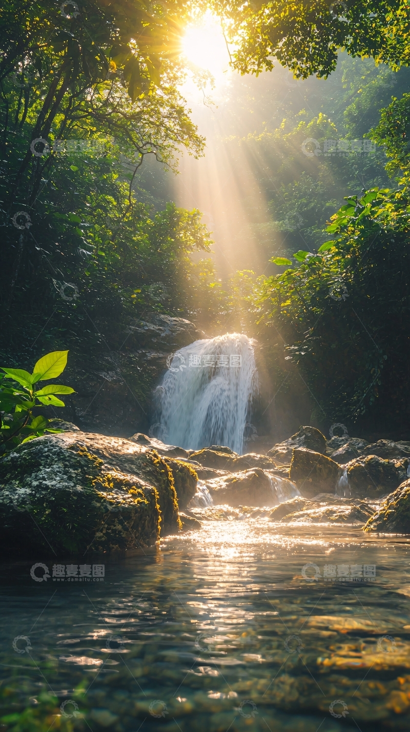 高清大图下载【趣麦麦图】阳光穿透森林瀑布